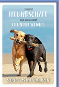 Freundschaftskarte Hunde – Zwei spielende Hunde am Strand mit inspirierendem Spruch