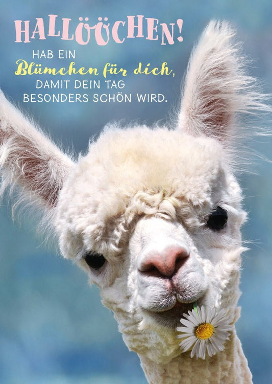 Freundschaftskarte mit Spruch: Hallöchen, ein Blümchen für dich für einen besonders schönen Tag - Tierpostkarte