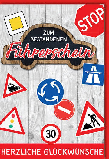 Führerschein Glückwunschkarte mit Auto - und Verkehrsschild - Design in Holzoptik für bestandene Prüfung