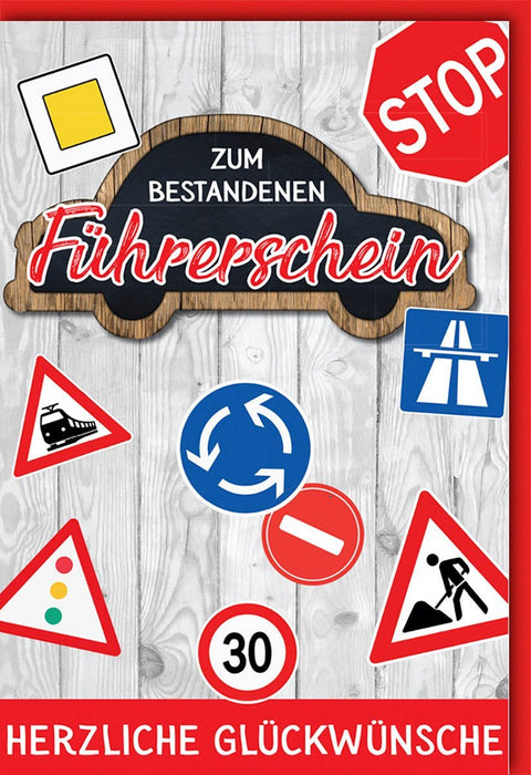 Führerschein Glückwunschkarte mit Auto - und Verkehrsschild - Design in Holzoptik für bestandene Prüfung