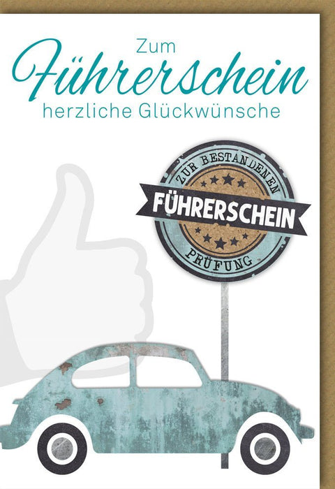 Führerschein Glückwunschkarte - Retro Design mit Auto & Verkehrsschild, Daumen hoch Motiv
