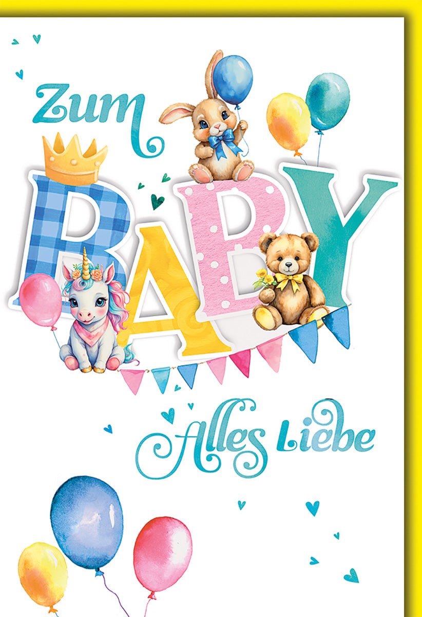 Geburtskarte Baby – Bunte Buchstaben mit Einhorn, Hase und Bär in fröhlichem Design