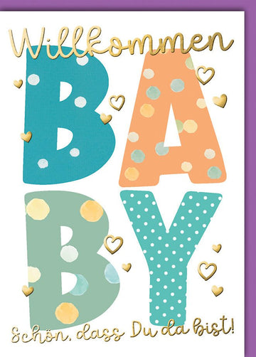 Geburtskarte Baby – Bunte Buchstaben mit Goldherzen und verspieltem Design
