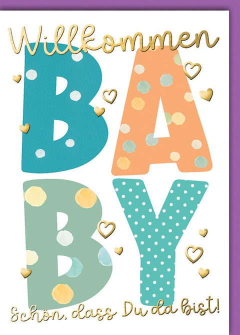 Geburtskarte Baby – Bunte Buchstaben mit Goldherzen und verspieltem Design