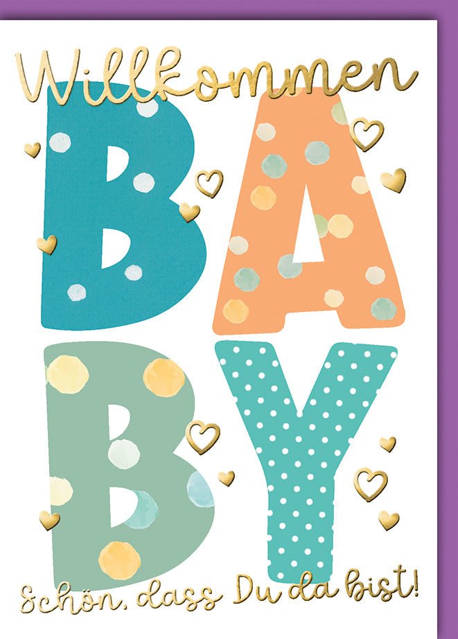 Geburtskarte Baby – Bunte Buchstaben mit Goldherzen und verspieltem Design