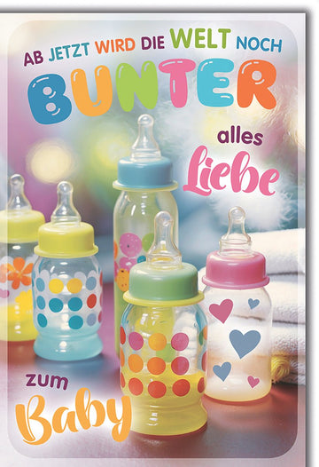 Geburtskarte Baby – Bunte Fläschchen mit Herzmotiven und farbenfrohem Schriftzug