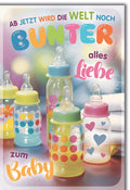 Geburtskarte Baby – Bunte Fläschchen mit Herzmotiven und farbenfrohem Schriftzug