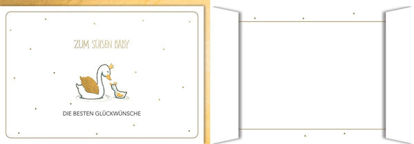 Geburtskarte Baby – Entenfamilie mit Krone und minimalistischen Goldakzenten