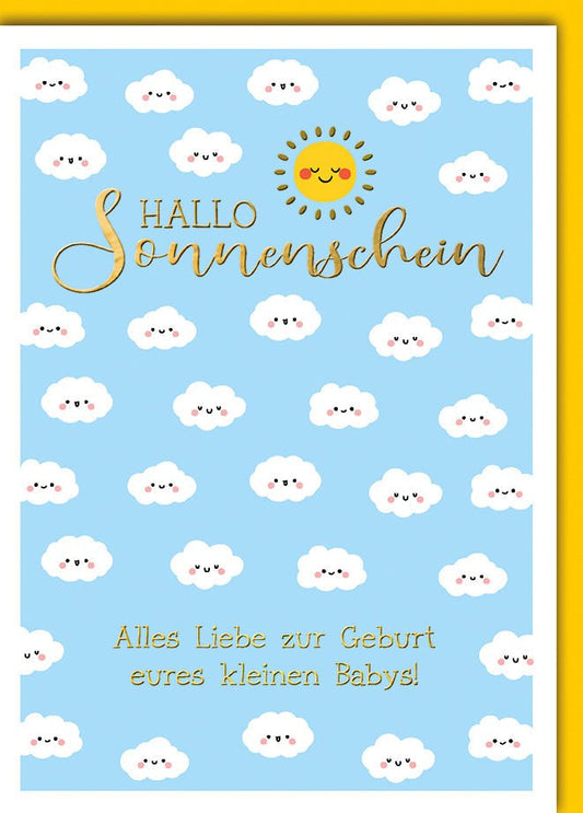 Geburtskarte Baby – Fröhliche Wolken mit Sonnenschein und verspieltem Schriftzug