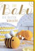 Geburtskarte Baby – Gehäkelte Biene mit Herzchen und Sternen in Gelb-Blau Design