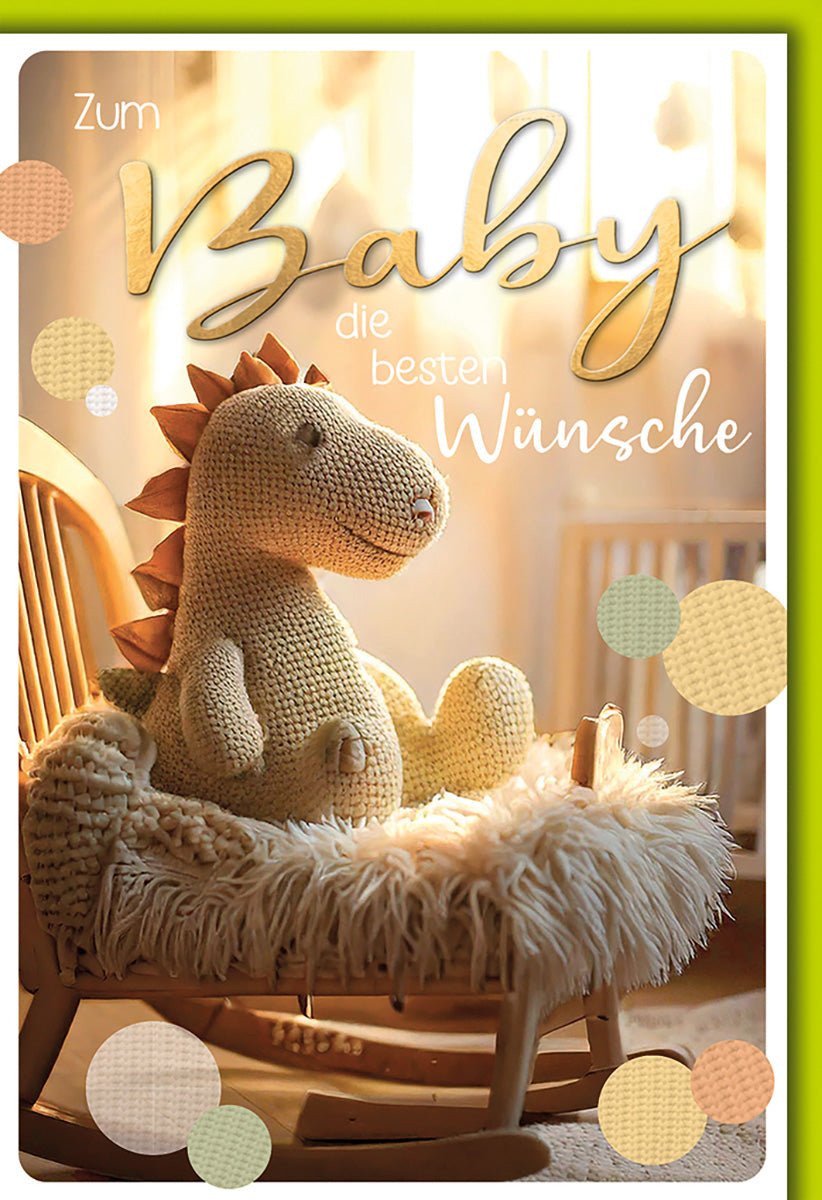 Geburtskarte Baby – Gehäkelter Dinosaurier auf Schaukelstuhl mit warmem Licht
