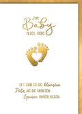 Geburtskarte Baby – Goldene Babyfüße mit Herz und liebevollem Spruch in Weiß