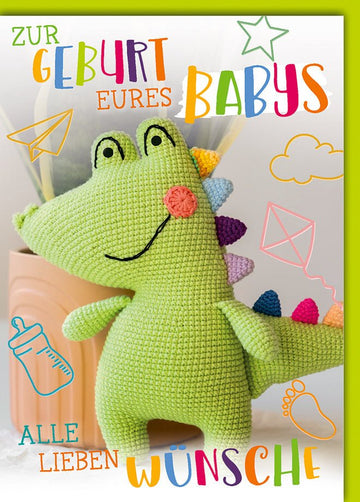 Geburtskarte Baby – Häkel - Dinosaurier mit bunten Akzenten und verspieltem Design