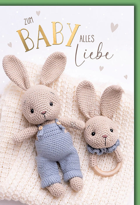 Geburtskarte Baby – Häkelhasen mit Decke und Herzchen in sanften Pastelltönen
