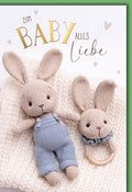 Geburtskarte Baby – Häkelhasen mit Decke und Herzchen in sanften Pastelltönen