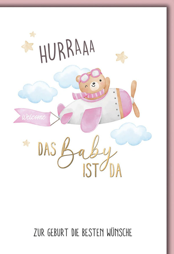 Geburtskarte Baby – Niedlicher Bär im Flugzeug mit Wolken und Sternen in Pastellfarben