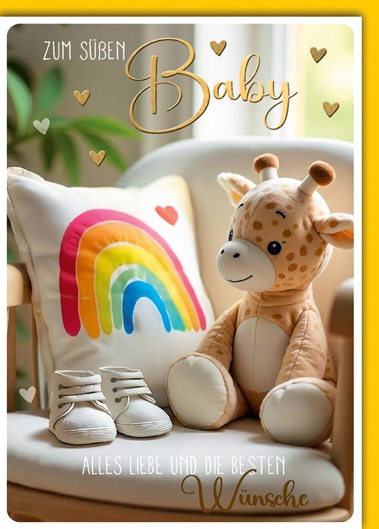 Geburtskarte Baby – Regenbogenkissen mit Giraffe und Herz - Details in Pastellfarben
