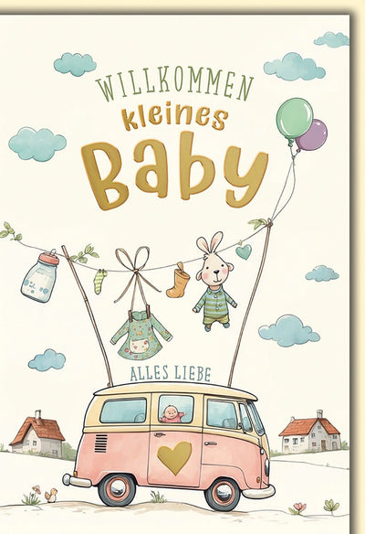Geburtskarte Baby – Retro-Bus mit Hase und Ballons im verspielten Aquarellstil