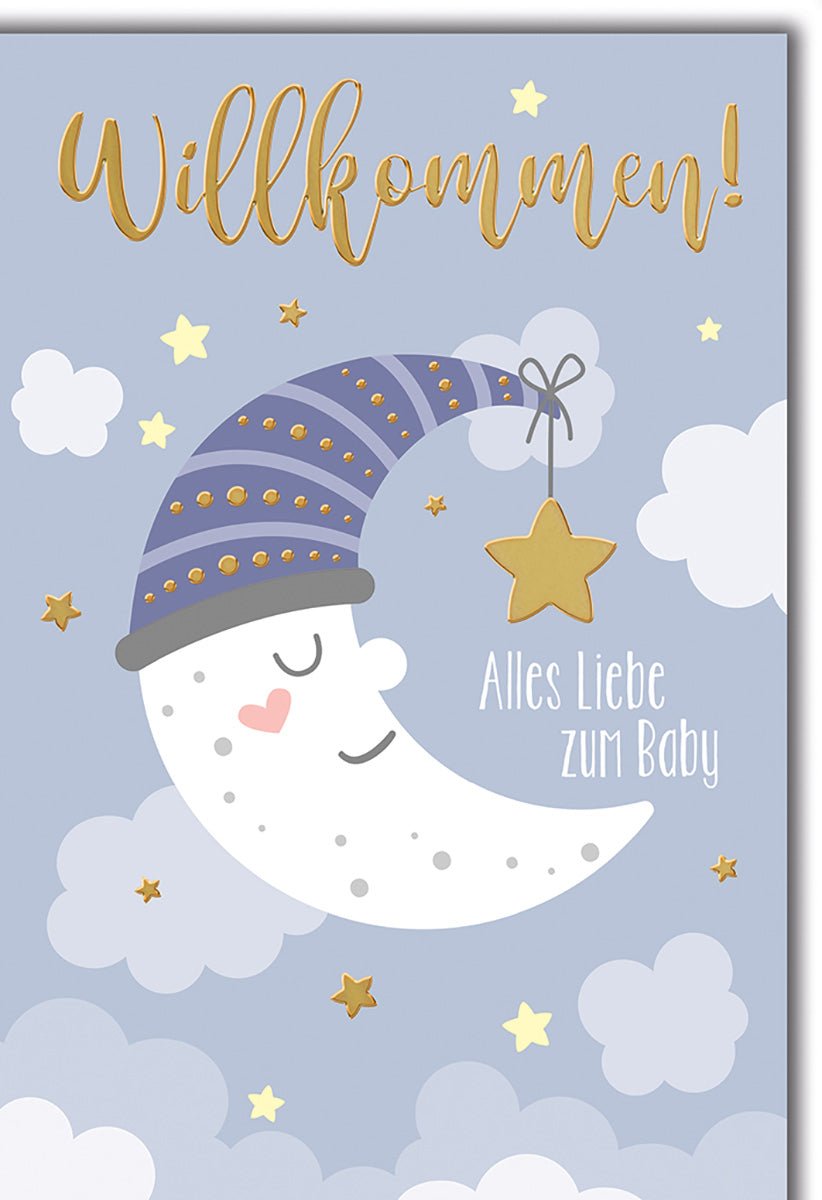 Geburtskarte Baby – Schlafender Mond mit Sternen und Wolken in sanften Pastelltönen