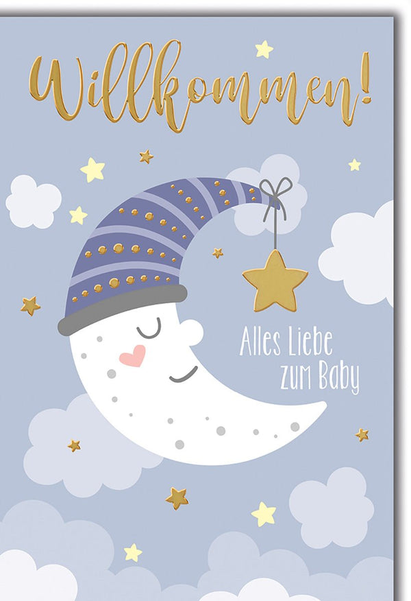 Geburtskarte Baby – Schlafender Mond mit Sternen und Wolken in sanften Pastelltönen