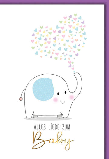 Geburtskarte Baby – Süßer Elefant mit Herzchen in Pastellfarben und Goldschrift