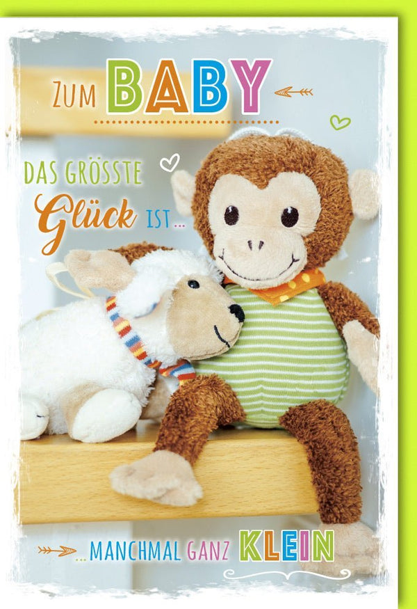 Geburtskarte - Baby Teddy & Schaf Design, Herzliche Grüße in Pastellgelb & Grün für Eltern und Neugeborene