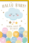 Geburtskarte Baby – Wolke mit Sternen und bunte Ballons in Pastellfarben