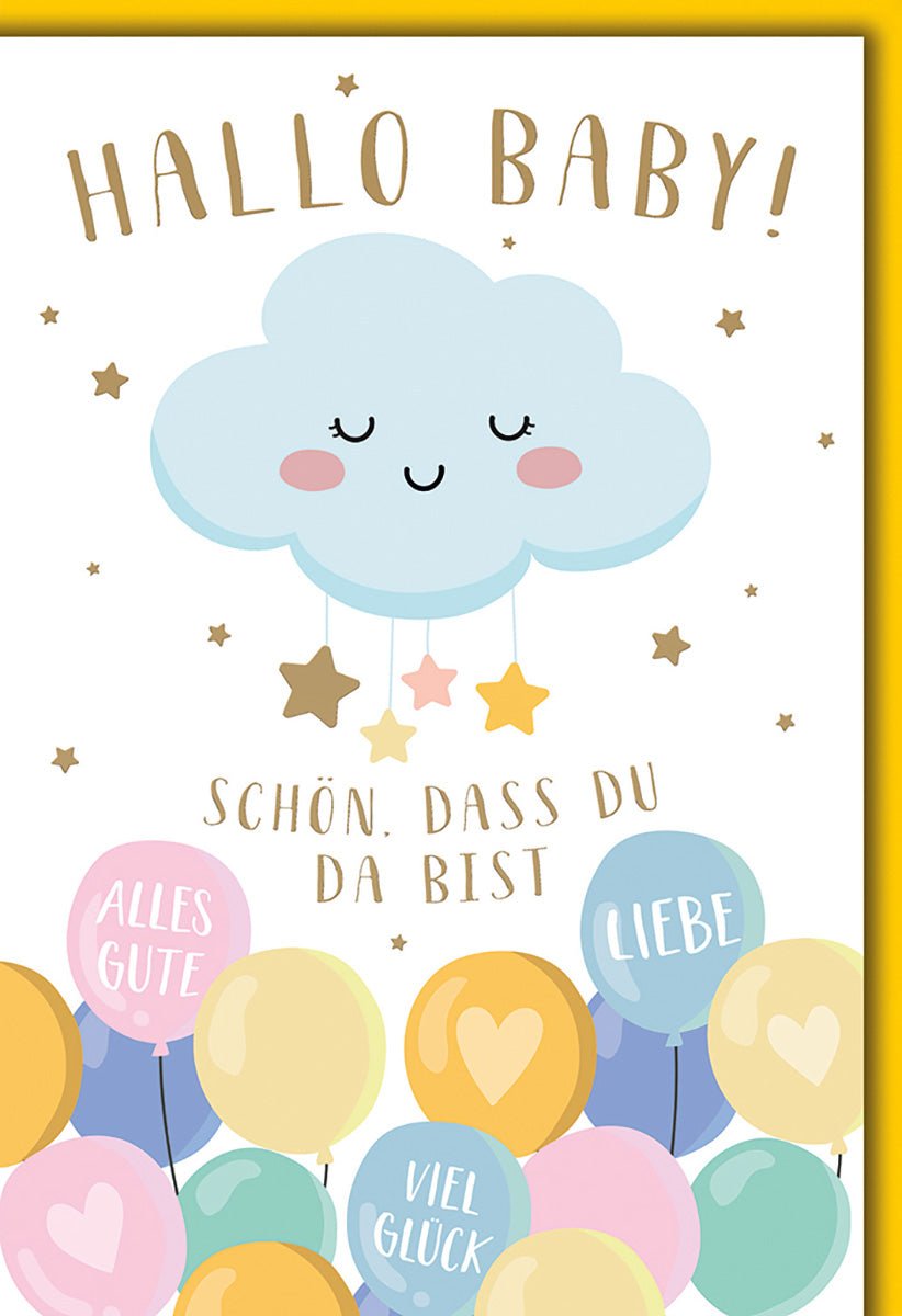 Geburtskarte Baby – Wolke mit Sternen und bunte Ballons in Pastellfarben