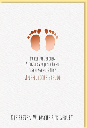 Geburtskarte - Elegante Baby - Fußabdrücke aus Naturkarton mit Roségoldfolie, Glückwünsche an Eltern in Beige