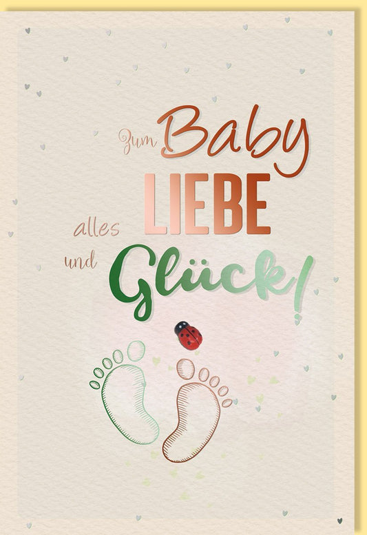 Geburtskarte - Elegante Glückwunschkarte zur Geburt, Beige Naturkarton mit Roségoldfolie, Fußspuren & Marienkäfer Design für Eltern & Großeltern