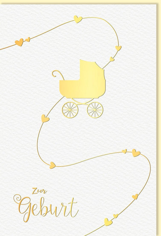 Geburtskarte - Elegante Glückwunschkarte zur Geburt mit goldenem Kinderwagen, Herzchen - Cremefarben, Geschlechtsneutral für Eltern & Großeltern