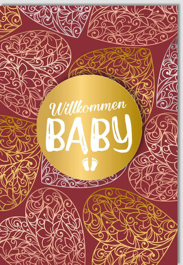 Geburtskarte - Exklusive Glückwünsche zur Geburt mit Eleganter Gold - Rot Applikation, Premium Design für Familie und Feier