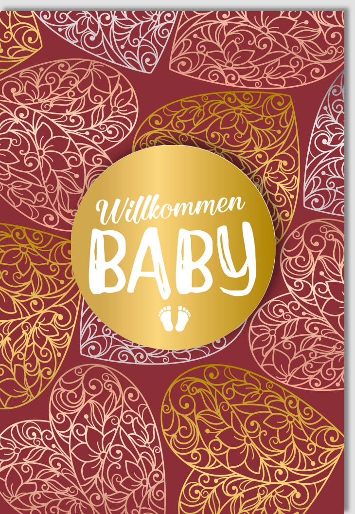 Geburtskarte - Exklusive Glückwünsche zur Geburt mit Eleganter Gold - Rot Applikation, Premium Design für Familie und Feier