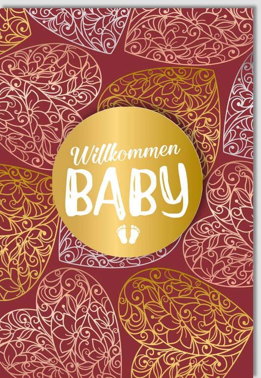 Geburtskarte - Exklusive Glückwünsche zur Geburt mit Eleganter Gold - Rot Applikation, Premium Design für Familie und Feier