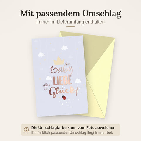 Geburtskarte für Jungen - Stilvolle Babykarte in Hellblau mit Goldakzenten, Glückwünsche zur Geburt mit Marienkäfer & Sternen für Eltern & Großeltern