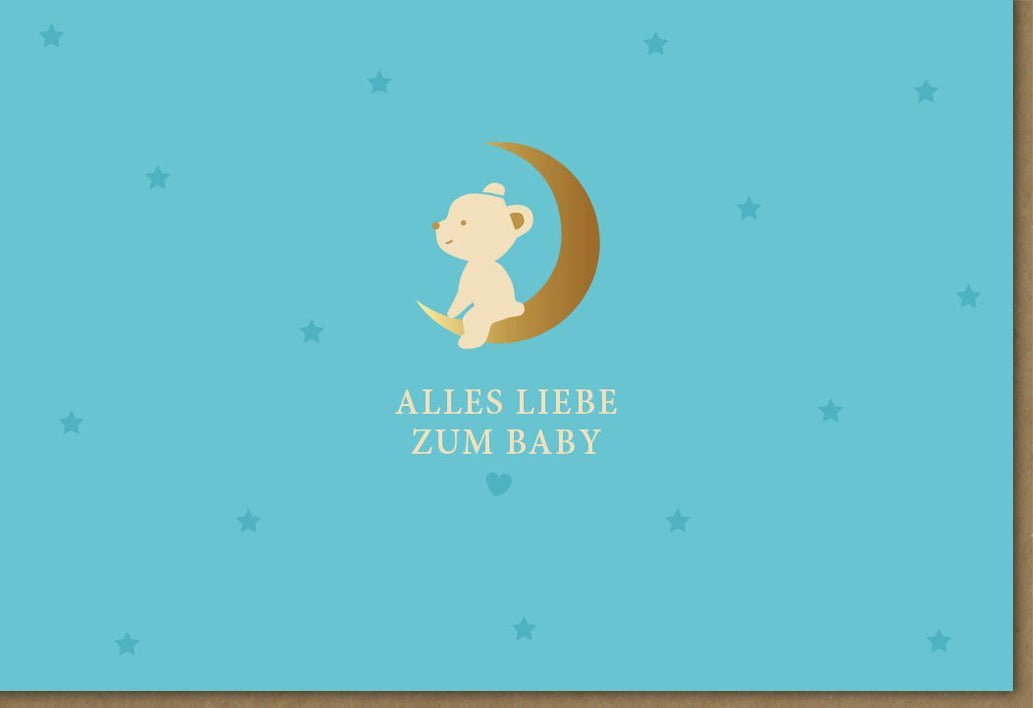 Geburtskarte für Jungen - Glückwunsch zur Geburt mit Bär, Mond & Sternen in Hellblau/Braun/Weiß