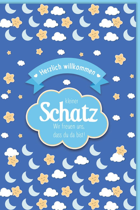 Geburtskarte für Jungen - Hellblaue Babykarte mit Mond & Sternen, Willkommen kleiner Schatz