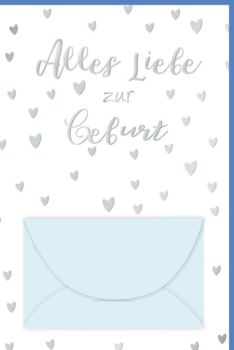 Geburtskarte für Jungen: Herzchen - Design in Hellblau & Weiß, zur Geburt eines Neugeborenen