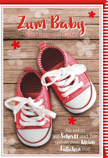 Geburtskarte für Jungen - Herzliche Glückwünsche zur Geburt, Rote Babyschuhe im Holzoptik - Design, Ideal für Babyshower & Geburtstag