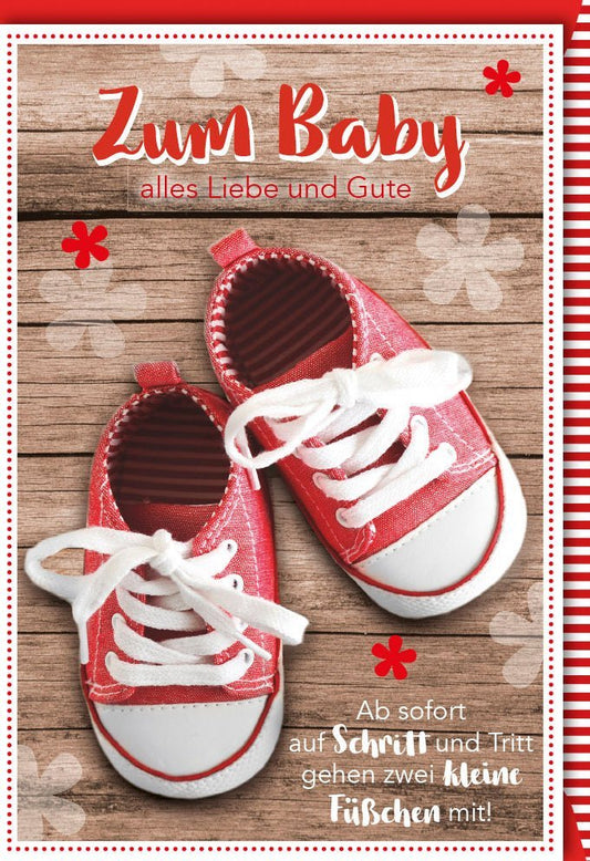 Geburtskarte für Jungen - Herzliche Glückwünsche zur Geburt, Rote Babyschuhe im Holzoptik - Design, Ideal für Babyshower & Geburtstag