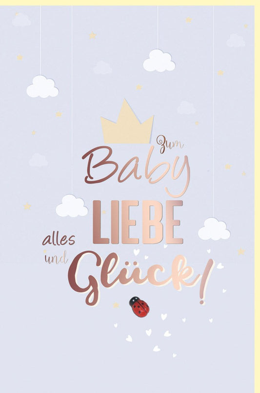 Geburtskarte für Jungen - Stilvolle Babykarte in Hellblau mit Goldakzenten, Glückwünsche zur Geburt mit Marienkäfer & Sternen für Eltern & Großeltern