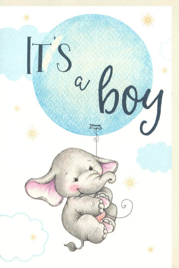 Geburtskarte für Jungen - Süßer Elefant & Luftballon, Babyshower Glückwunsch in Hellblau mit Sternen