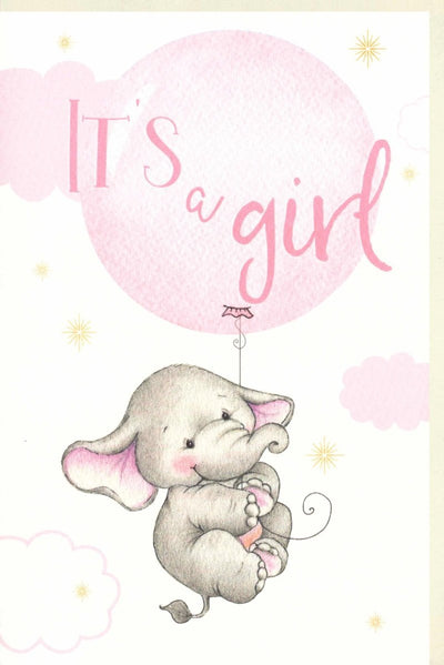 Geburtskarte für Mädchen - "It's a Girl" mit Elefant und rosa Goldsternen auf Naturpapier