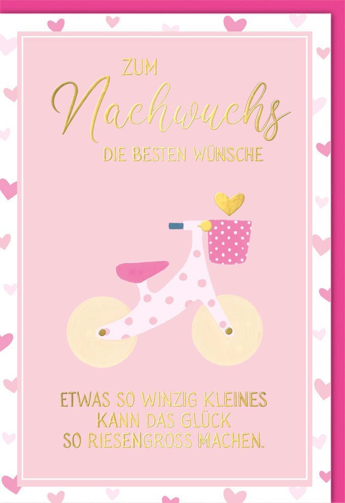 Geburtskarte für Mädchen - "Winzig Klein, Großes Glück" Rosa Glückwunschkarte mit Laufrad - Motiv für den Baby - Nachwuchs