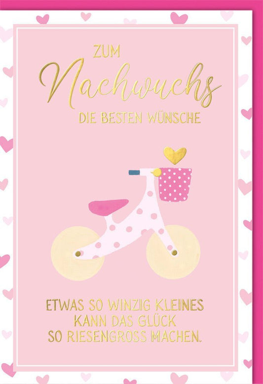 Geburtskarte für Mädchen - "Winzig Klein, Großes Glück" Rosa Glückwunschkarte mit Laufrad - Motiv für den Baby - Nachwuchs