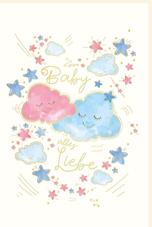 Geburtskarte: Herzliche Glückwünsche zur Geburt - Babykarte mit Wolken & Sternen, Perfekt für Babyparty & Kinderzimmerdeko