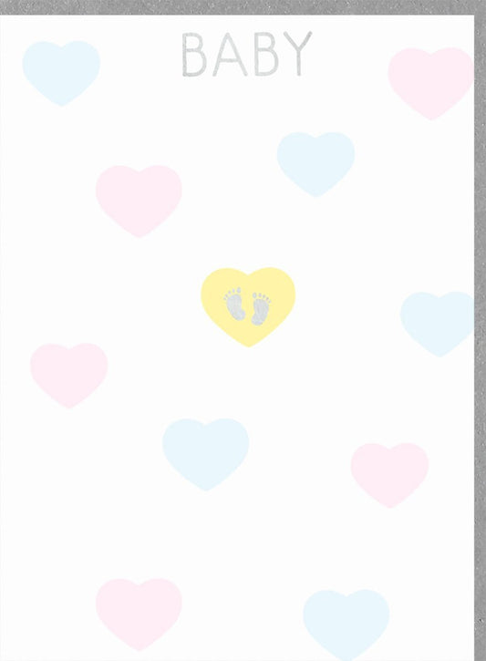 Geburtskarte - Herzliche Glückwünsche zur Geburt mit Babyfüßen und Herzchen in Pastell, Unisex Willkommensgruß für Jungen und Mädchen, Perfekt für Babyparty
