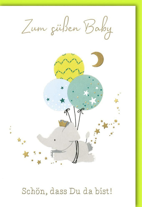 Geburtskarte - Herzliche Glückwünsche zur Geburt mit Elefant, Ballons & Mond in Grün/Gelb für Eltern & Großeltern