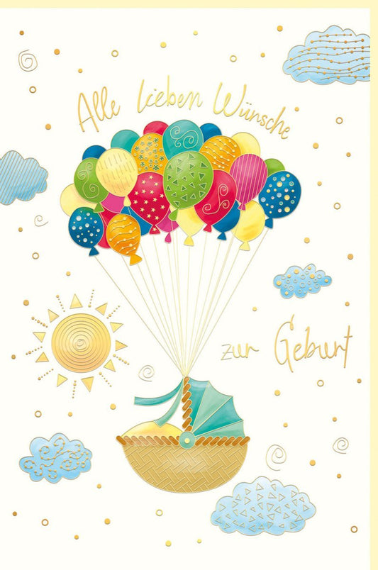 Geburtskarte - Herzliche Glückwünsche zur Geburt, Naturkarton mit Korb & Luftballons, Pastellfarben, Unisex für Eltern und Freunde