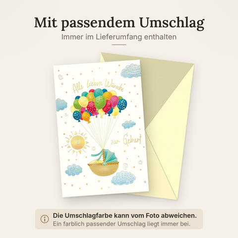Geburtskarte - Herzliche Glückwünsche zur Geburt, Naturkarton mit Korb & Luftballons, Pastellfarben, Unisex für Eltern und Freunde
